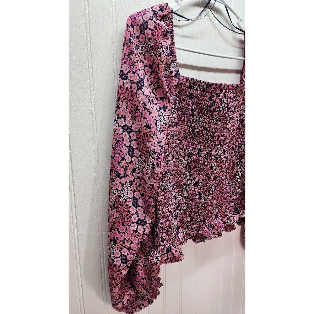 Vince Camuto  Pink Floral Smocked Square Neck Long Sleeve Blouse With Ruffle Hem - Picture 3 of 11